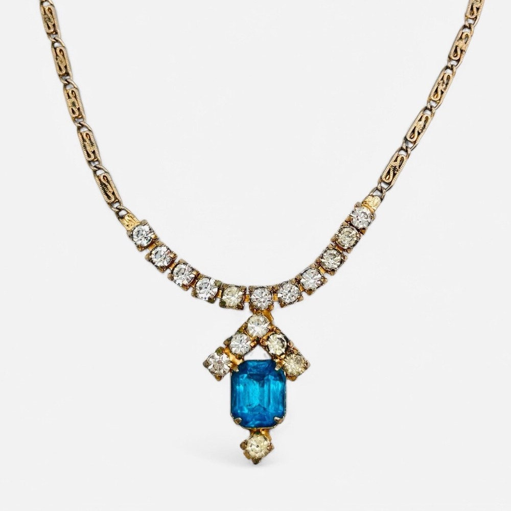 Vintage 1950s Crystal Rhinestone Sapphire‎ Blue Rhinestone Necklace Scroll Chain